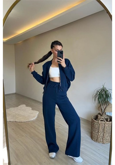 Neşeli Butik Kadın Fermuarlı Oversize Sweat Ve Yüksek Bel Eşofman Takımı Nm018 Lacivert