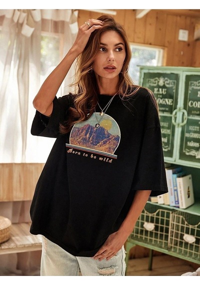 Kadın Siyah Oversize Mountain Slogan Baskılı T-shirt Siyah