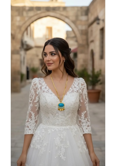 Otantik Arpa Zincirli Firuze Kolye-bileklik Set Mavi