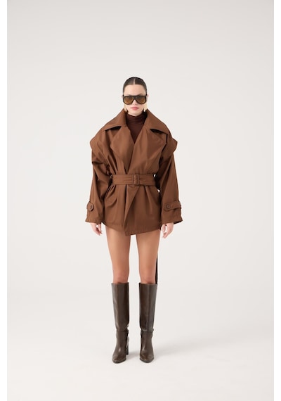 Holly Lolly Kemerli Oversize Kesim Sara Trençkot Kahve