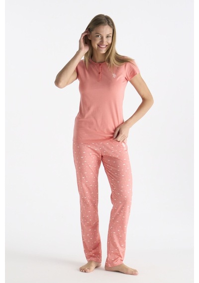 U.S. Polo Assn. U.s Polo Assn. 20231 Kadın Kısa Kollu Yakası Düğmeli Pijama Takımı-somon