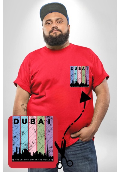 Angemiel Dubai Şehir Silüeti Renkli Şehir Kırmızı Büyük Beden Kadın Basic Minimal Baskılı Tişört Kırmızı