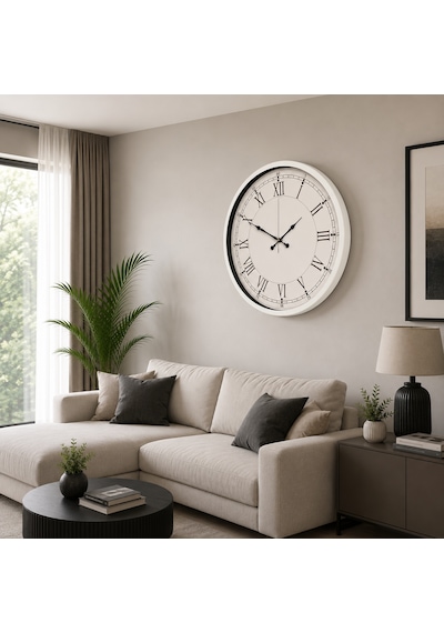 Beyaz Roma Rakamlı Büyük Boy 80 Cm Metal Duvar Saati