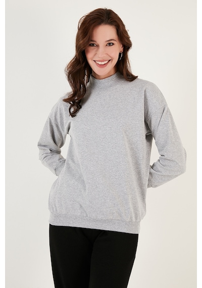 Lela Pamuklu Dik Yaka Basic Örme Bayan Sweat 5863323 Gri Melanj