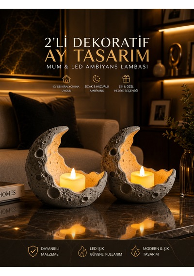 2 Li Dekoratif Ay Tasarım Mumluk Led Ambiyans Lambası, Ay Figürlü Şık Ev Dekorasyonu Füme - Gri