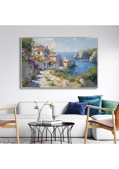 Yağlı Boya Dokulu Tablo Modern Spatula Akdeniz Evleri Manzarası Gümüş Çerçeveli U06040-179005