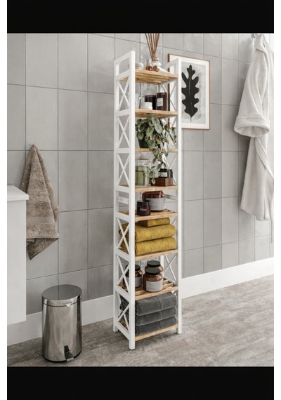 Mini Beyaz Masif Ahşap Dekoratif Banyo Rafı Havluluk Peçetelik 8 Katlı Beyaz