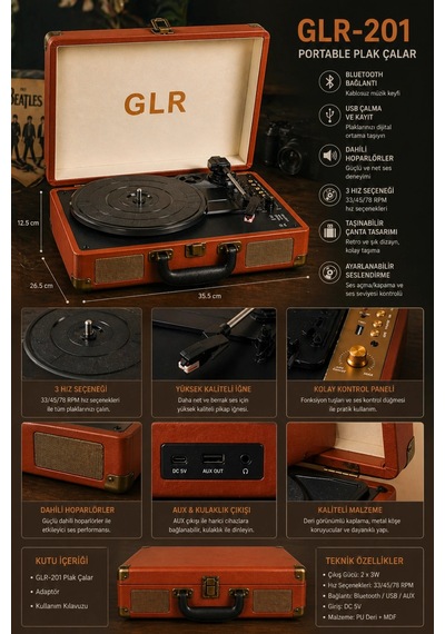Glr 201 Nostaljik Çanta Pikap - Bluetooth Şarjlı, Usb Kayıt Özellikli, 3 Vitesli Plak Çalar