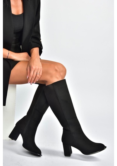 Fox Shoes V590179602 Siyah Süet Kalın Topuklu Klasik Kadın Çizme Siyah-Süet