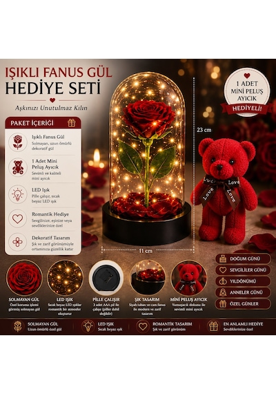 Led Işıklı Mika Fanus Solmayan Yapay Kırmızı Gül & 1 Mini Peluş Ayıcık Sevgiliye Romantik Hediye Set