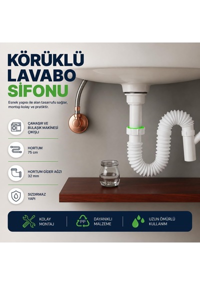 Çamaşır Çıkışlı Sifon, Lavabo Gider Sifonu, Çamaşır Ve Bulaşık Makinesi Bağlantılı Lavabo Sifon