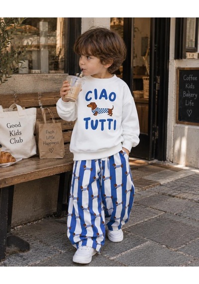 Ciao Tutti Baskılı Sweatshirt Sosis Köpek Baskılı Mavi Çizgili Eşofman 3ip Unisex Alt Üst Takım Beyaz Ciao Tutti Baskılı Sweatshirt Sosis Köpek Baskılı Mavi Çizgili Eşofman 3ip Unisex Alt Üst Takım Beyaz
