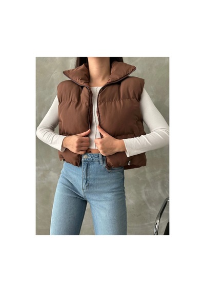 Meecy Kadın Kısa Crop Şişme Yelek Kahve Kahve
