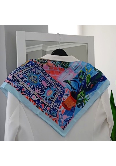 Lente Aksesuar Kadın Çok Renkli Sanatsal Çizgili Premium Kalite İpek Saten Fular 55x55cm Mavi - Pembe