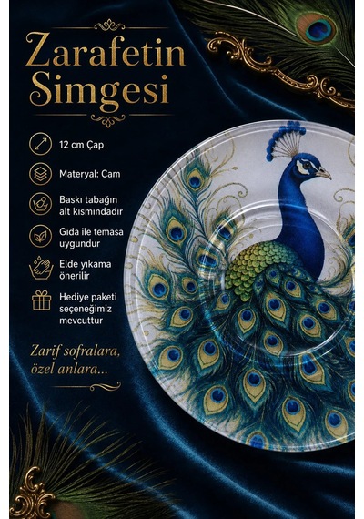 6 Lı Cam Çay Tabağı Tavus Kuşu Desenli 12 Cm 6 Adet Çay Tabak Yeşil