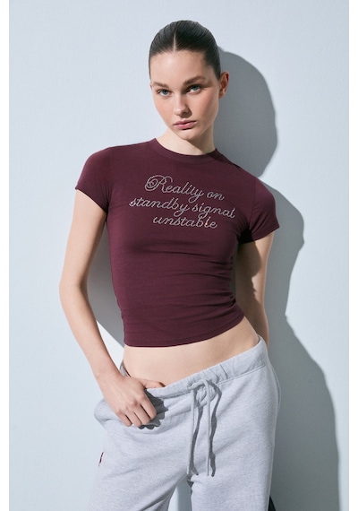 Grımelange Vanyrose Kadın Yumuşak Kumaşlı %100 Pamuk Taş Detaylı Slim Fit Bordo T-shirt Bordo