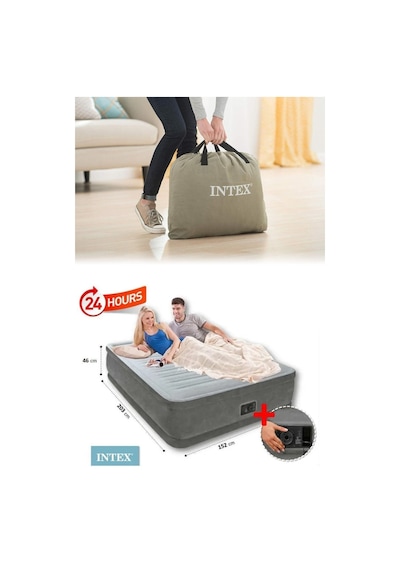 64414 Dura-beam Deluxe Şişme Yatak Çift Kişilik Duble Yatak Kendinden Pompalı 152x203x46cm Fd013 Gri