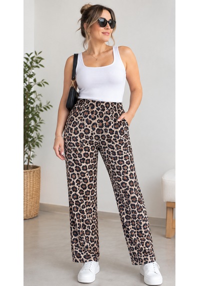 Cocosushicooo Leopar Desenli Beli Lastikli Rahat Kalıp Kadın Pantolon Büyük Beden