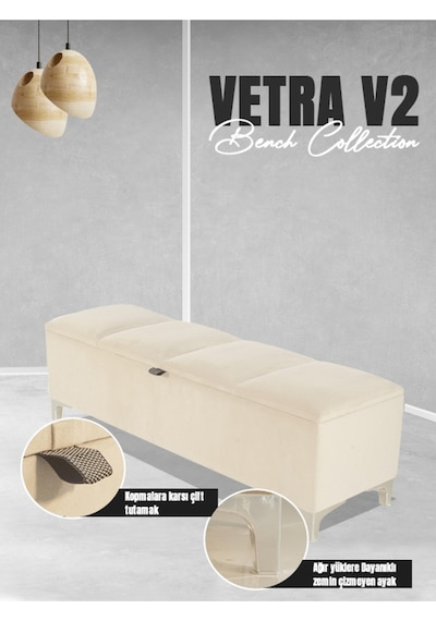 Vetra V2 Sandıklı Puf  Beyaz Dilimli Model Sandıklı Bench Puf - Sandıklı Yatak Ucu Bankı