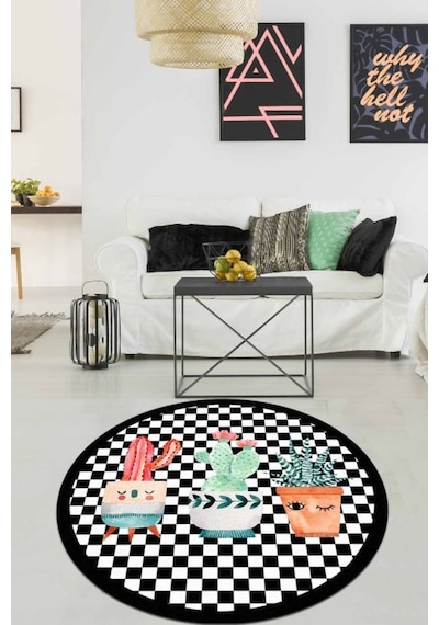Black Happy Cactus Djt Siyah Çap 100X100 Cm Yıkanabilir Halı