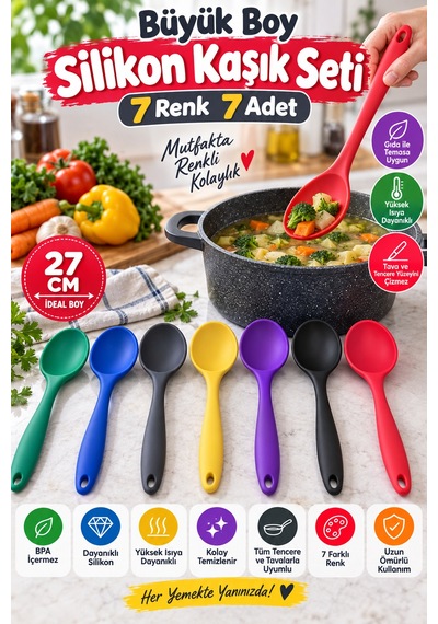 7'li Set Büyük Boy Silikon Kaşık 27 Cm Renkli Yanmaz Mutfak Yemek Pişirme Ve Servis Kaşığı Seti