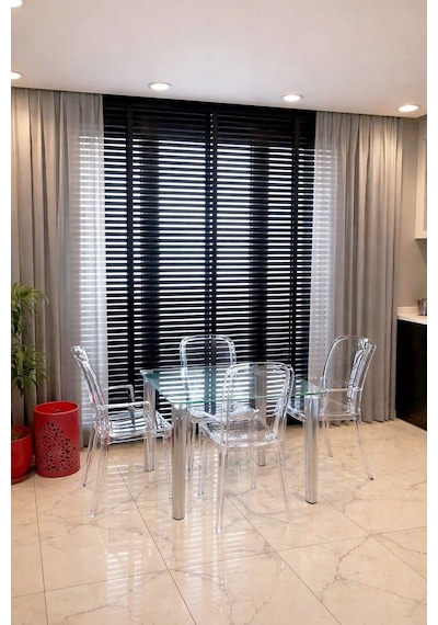 N.luxury Siyah 50mm %100 Gerçek Ahşap Jaluzi Perde Redüktörlü Zincir Mekanizmalı Ofis/ev Tüm Mekanlar Siyah