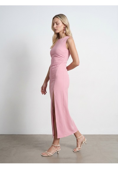 DİLVİN 91704 Yırtmaç Detaylı Midi Elbise-toz Pembe