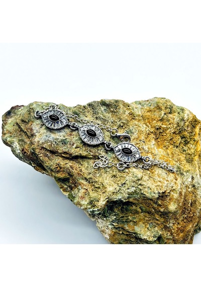 Mekik Model Zirkon Ve Oltu Taşı İşçilikli 925 Ayar Gümüş Bileklik Gümüş  - Siyah