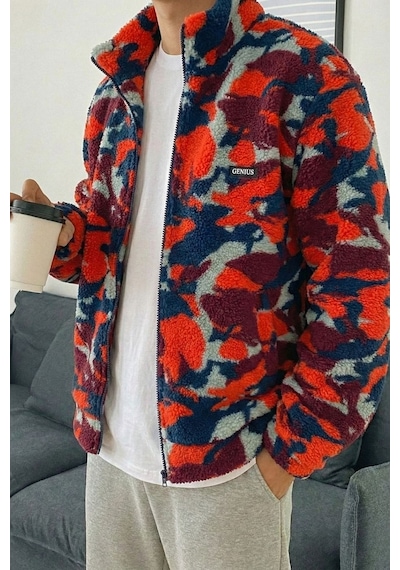 Genius Store Oversize Peluş Tam Fermuarlı Sweatshirt Peluş İçi Polarlı Sherpa Kumaş Sweatshirt Kırmızı