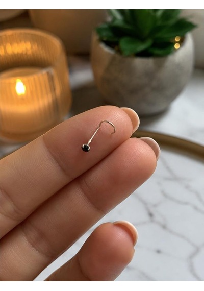 925 Ayar Gümüş Siyah Taşlı Burun Hızması Piercing Minimal L Şekilli Unisex Nose Stud Gri
