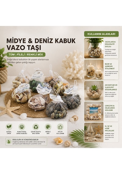 Dekoratif Vazo Taşı - Midye Ve Deniz Kabuğu - Fileli Renkli Mix Çok Renkli