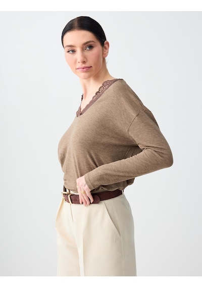 Jimmy Key Bej Melanj Rahat Kesim V Yaka Dantel Detaylı Örme Bluz 6sw035662988
