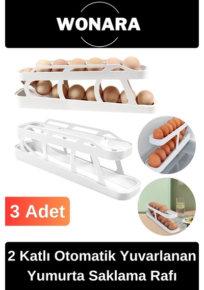 Premium Plastik 2 Katlı Otomatik Geniş Kapasiteli Yuvarlanan Yumurta Saklama Düzenleyici Rafı 3 Adet Siyah