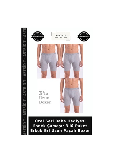 Astrid T Özel Seri Baba Hediyesi Esnek Çamaşır 3'lü Paket Erkek Gri Uzun Paçalı Boxer