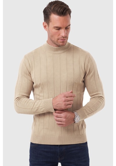 Rizzup Erkek Slim Fit Yarım Balıkçı Yaka Çizgi Dokulu Bej Triko Kazak 2505503