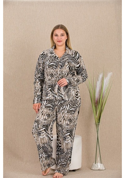 E-bulurum Büyük Beden Çizgili Düğmeli Uzun Kol Viskon Pijama Takımı Görsel
