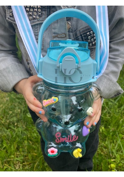 Smile Ayıcık Model Su Matarası Su Şişesi Suluk 1000ml Bpa Içermez Suluk 3d Sticker Hediye Mavi Plast Diğer