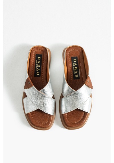 Dabab Shoes Narel Kadın Gümüş Hakiki Deri Düz Taban Çapraz Bant Terlik Sandalet