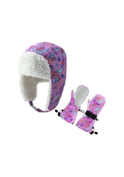 Petityu Su Geçirmez Kız Çocuk Bere Eldiven Set 2-4 Yaş Kayak Ve Snowboard Mor Denizkızı 2-4 Yaş