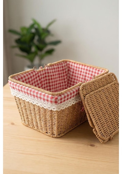 Digithome Kapaklı Rattan Vintage Dantelli Dikdörtgen Piknik Sepeti -9t14 U/6 Kahverengi