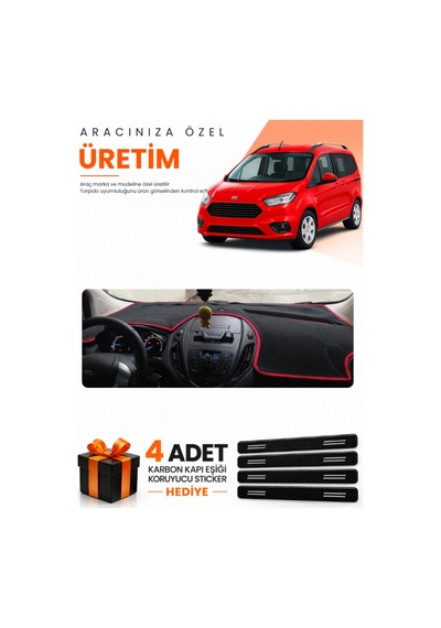 Ford Courier 2013-2020 Ekransız Uyumlu Torpido Koruma Örtüsü Oto Kılıfı - Siyah Kırmızı