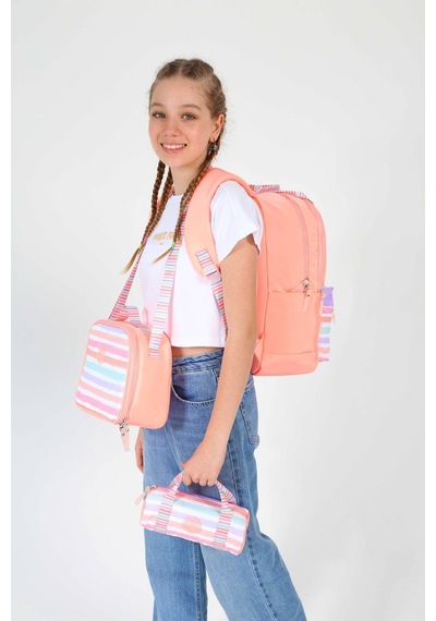 Kaukko Double Stripe Kız Çocuk İlkokul Üçlü Okul Çantası Seti - Somon - Çizgi Desenli Somon