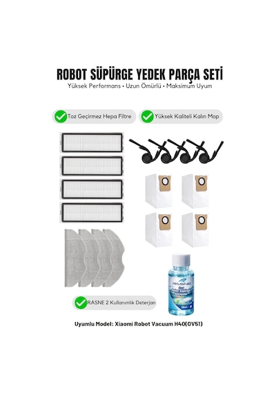 Robot Vacuum H40 Ov51 İle Uyumlu 4 Yan Fırça 4 Filtre 4 Mop 1 Deterjan 4 Toz Torbası 6.0
