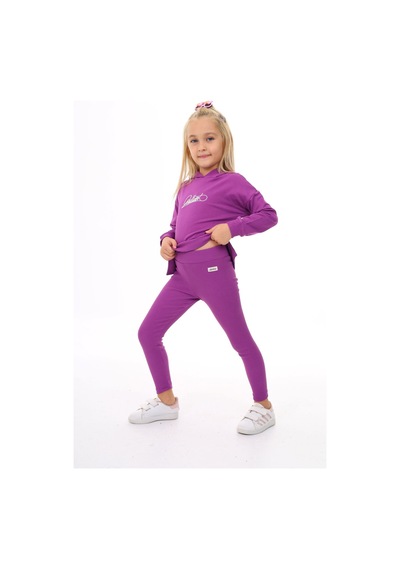 Toontoy Kids Toontoy Kız Çocuk 2'li Takım Baskılı Bisiklet Yaka Düşük Omuz Cepli Sweatshirt & Basic Düz Tayt Mor