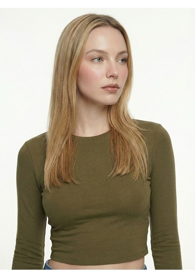 Slim Crop Fit Kadın Tshirt U.kol Haki