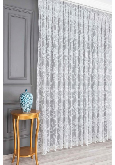 Caserta Damask Dantel Çiçek Desen Beyaz Düz Örme Tül Perde 1.sınıf Kalite Beyaz - Ekru