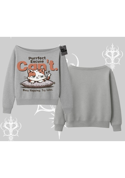 Startmore Kedi Baskılı Cant Busy Napping Y2k Kayık Yaka Sweatshirt Gri