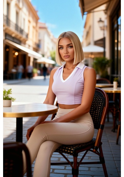 Benerly Kadın Bluz Spor Crop Polo Yaka Kolsuz Dalgıç Scuba Örme Kumaş Reg Lila