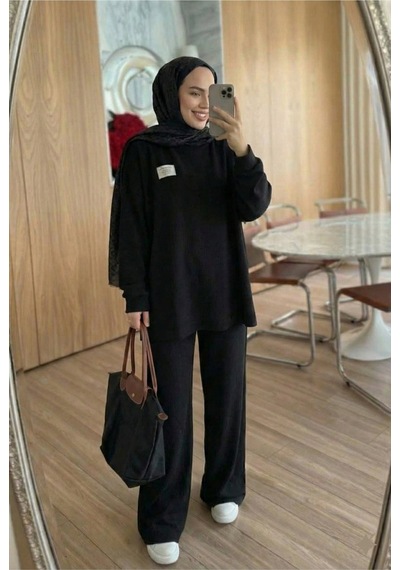 Unika Boutique Fitilli Armalı Detaylı Oversize Kaşkorse Basic Alt Üst Takım Siyah