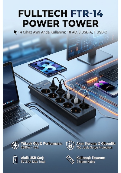 Anahtarlı Akım Korumalı Uzatma Prizi Ftr-14 Çoklu Priz 10 Lu + 3 Usb + 1 Type-c 3680w 16a 2 Metre Kablo 0.2 M